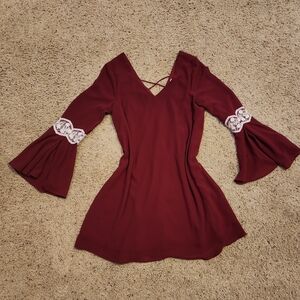 Umgee Burgundy Lace Bell Sleeve Dress